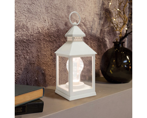 Декоративный фонарь с лампочкой, белый корпус, размер 10,5х10,5х24 см,  цвет теплый белый