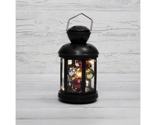 Декоративный фонарь с шариками, черный корпус, размер 12х12х20,6 см, цвет теплый белый